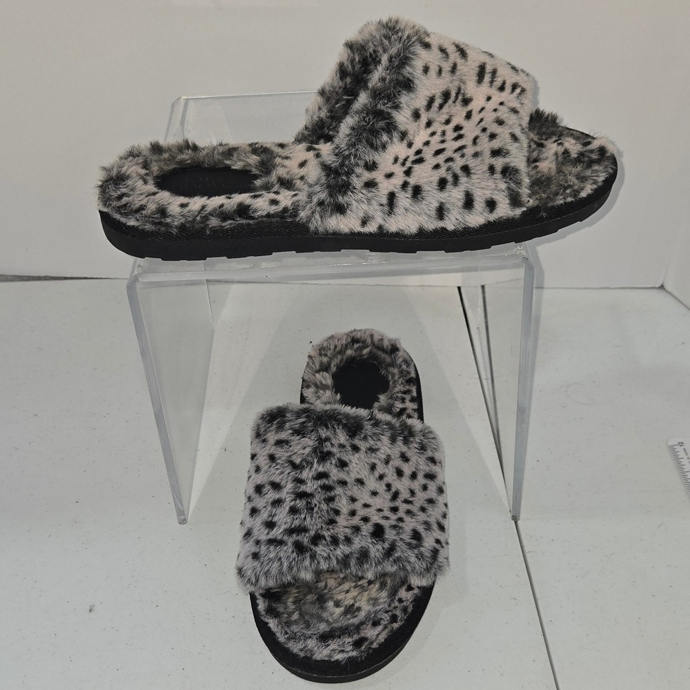 Stars Above Womens Faux Fur Leopard Print Slide Slippers Size 9 Gray Black White
